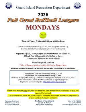 Fall coed softball 2026