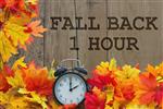 "Fall Back 1 Hour" above colorful leaves and an alarm clock.