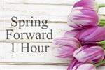 "Spring Forward 1 Hour" next to pink tulips.